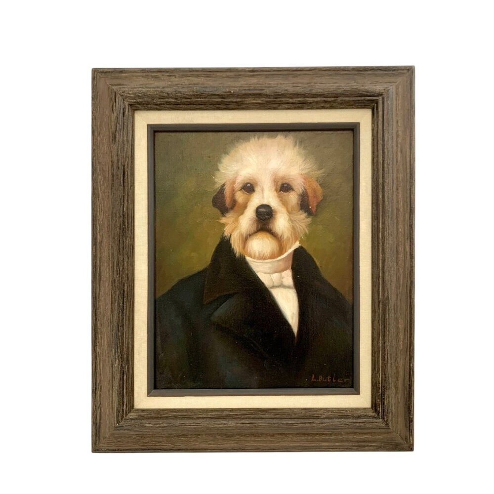 Dog Portrait Terroir in Suit Painting Canine Art Oil on Canvas Signed and Framed